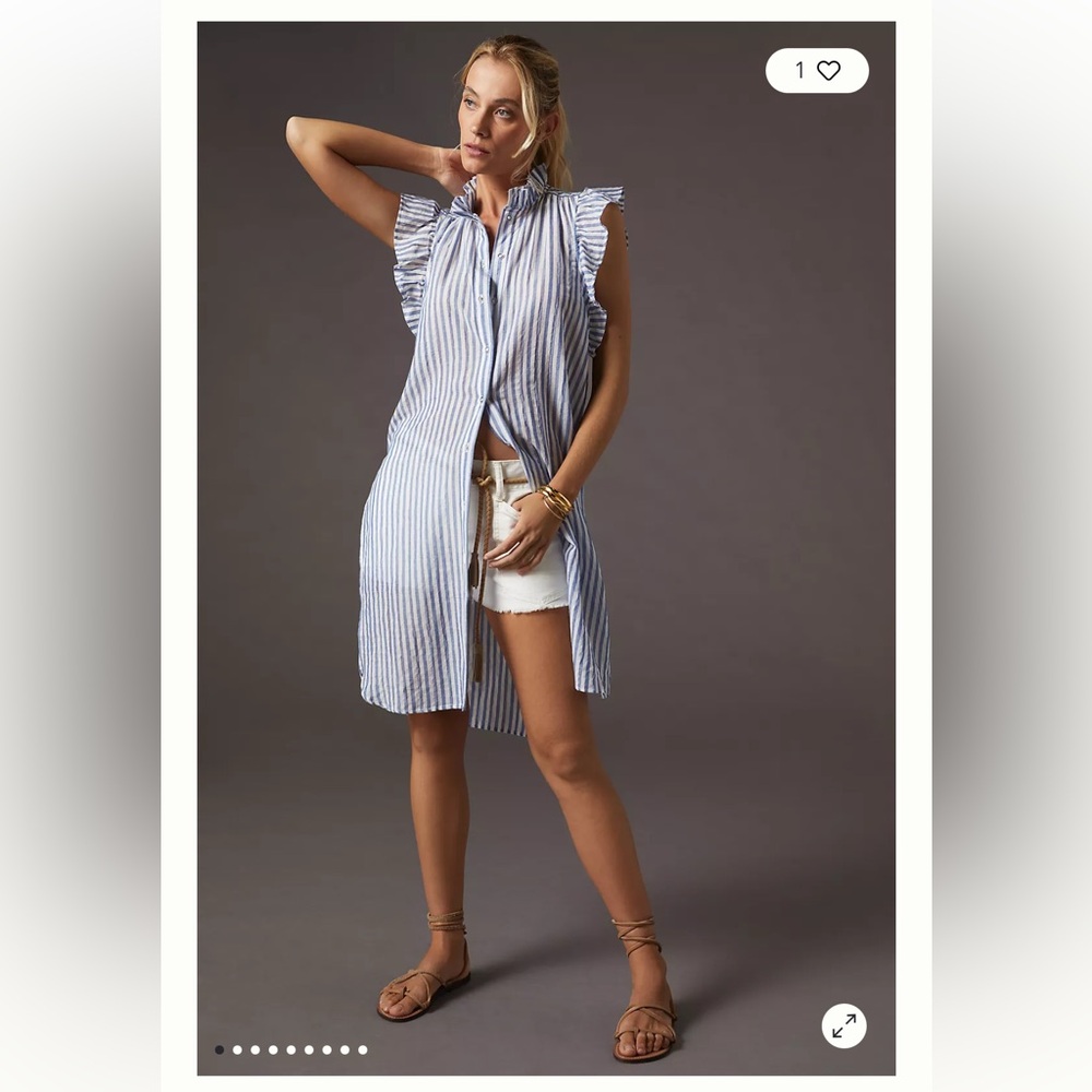 Anthro sleeveless long tunic shirt in blue stripe cotton w/ ruffle by Maeve Sz M